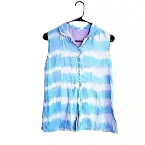 Baby blue Tie Dye sleeveless button down Boho Style top size medium - Picture 1 of 7